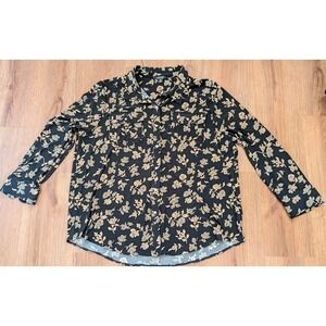 Ralph Lauren Womens Size 3X Button Up Shirt Black & Gold Floral Stretchy Classic